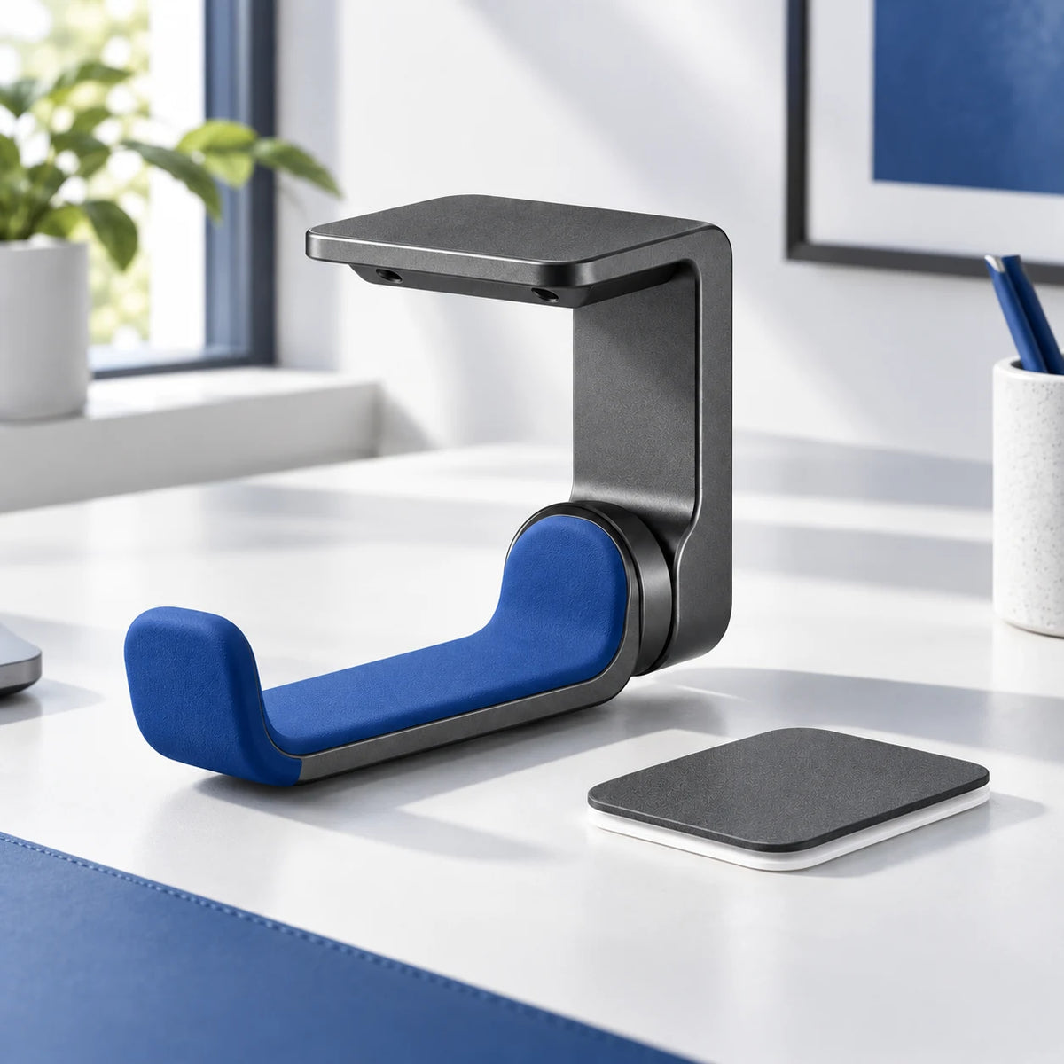 Under-Desk Headphone Hanger — in an everyday setting